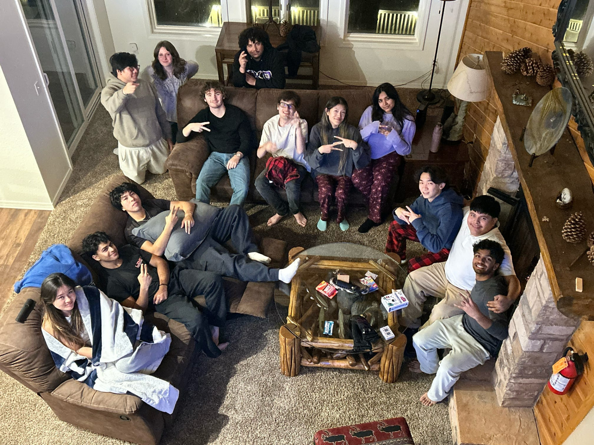 The chapter gathered in the living room on a retreat